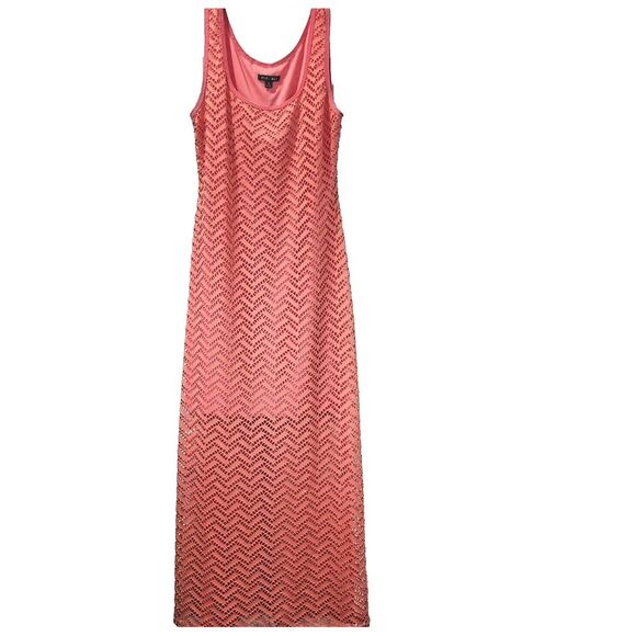 Roz & Ali Dresses & Skirts - Roz & Ali Size 12 Maxi Dress Stretch Eyelet Over Lining Salmon Pink Poly Spandex